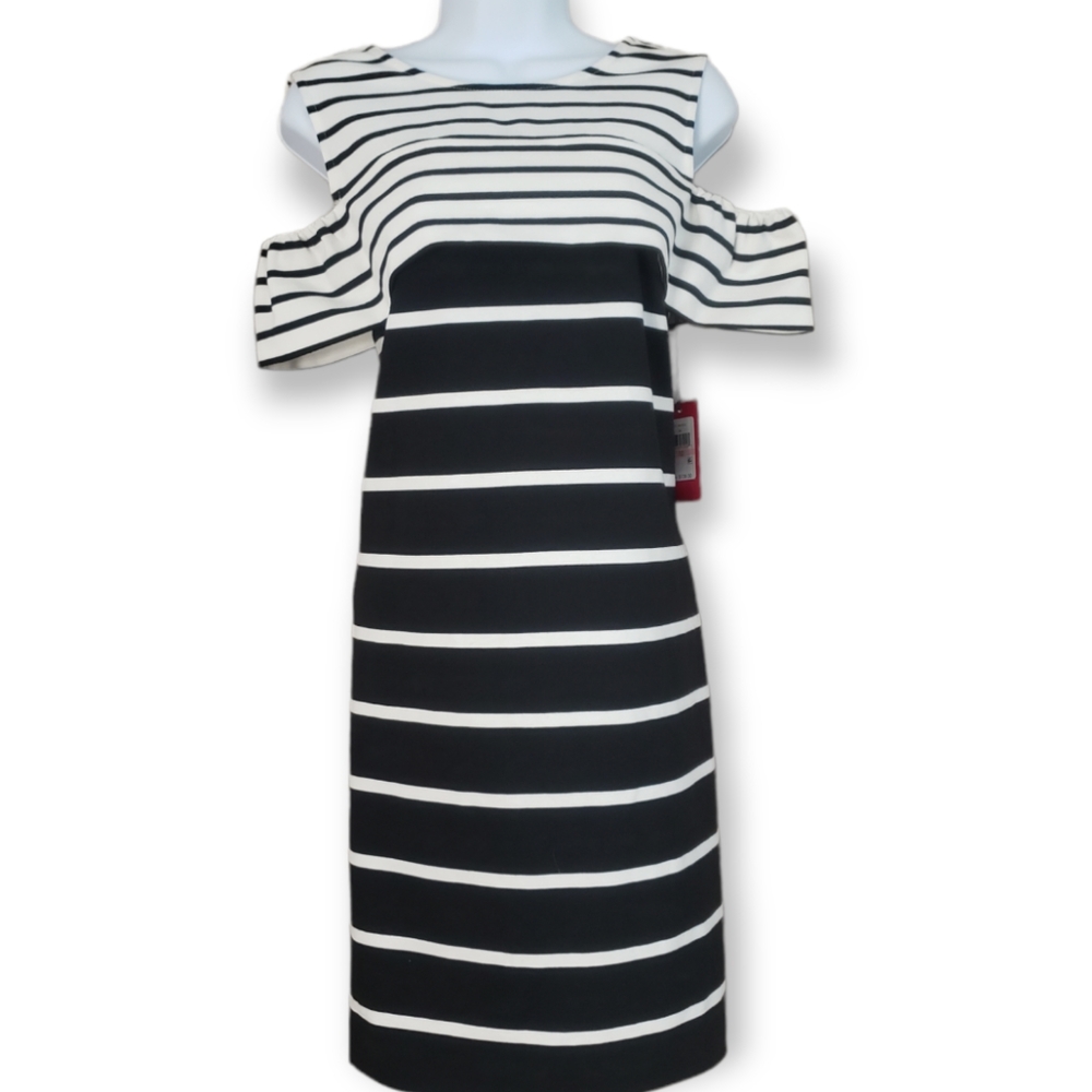 NWT Vince Camuto black & white striped cold shoulder shift dress Womens 10